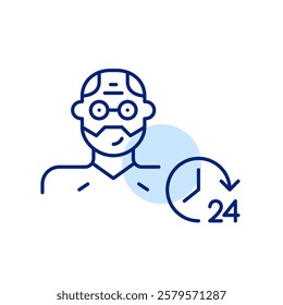 Middle-aged man and 24 hours clock. All hours support system. Timeless family connection and social services. Pixel perfect, editable stroke icon