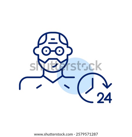 Middle-aged man and 24 hours clock. All hours support system. Timeless family connection and social services. Pixel perfect, editable stroke icon