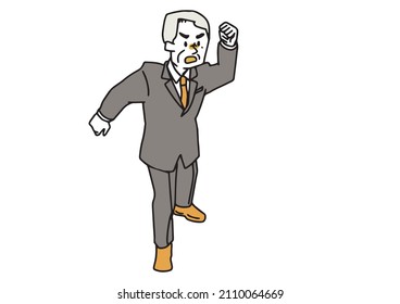 A middle-aged man in an angry suit looking down from above, making a fist and getting angry, a warm handwritten illustration of a person