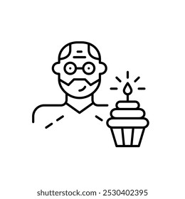 Middle-aged man avatar and cupcake with lit candle. Birthday party, user milestone celebration. Pixel perfect, editable stroke icon