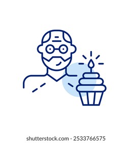 Middle-aged man avatar and cupcake with lit candle. Birthday party, user milestone celebration. Pixel perfect vector icon