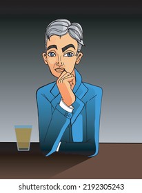 Middle-aged man at a bar table with a glass of beer beside him. Vector illustration.