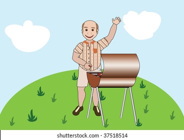 Middle-aged man behind the barbecue waving his hand welcoming