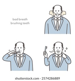 Middle-aged man brushing teeth illustration set