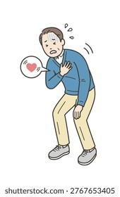 A middle-aged man clutches his chest, appearing to be in pain due to palpitations.