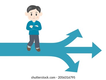 Middle-aged man at a crossroads of life. Vector illustration. 