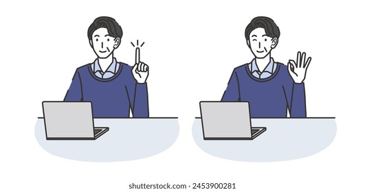 Middle-aged man doing pointing poseOK pose with computer