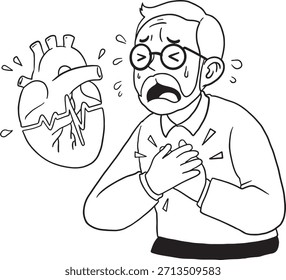Hombre de mediana edad que experimenta dolor de pecho severo y agarra su corazón, con un símbolo gráfico de corazón agrietado. Ilustración de arte de línea dibujada a mano para diseños de salud, médicos o de advertencia relacionados con un corazón