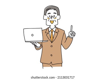 Hombre de mediana edad explicando con una laptop en su mano Comical persona manuscrita Vector, simple coloreo del dibujo de línea
