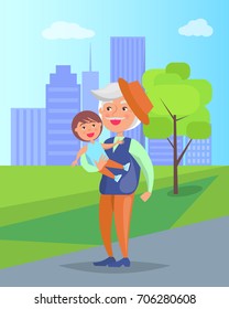 Middle-aged man with grandson in hands vector illustration on background of skyscrapers. Mature gentleman in hat with little boy, grandpa and child