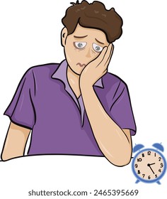 Middle-aged man has insomnia, dark circles in his eyes and difficulty sleeping. Insomnia concept vector illustration.