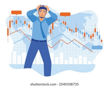 Hombre de mediana edad sosteniendo la cabeza con cara triste. Hombres de negocios mirando el gráfico de negocios en declive. Concepto de mercado de valores. Ilustración vectorial plana.