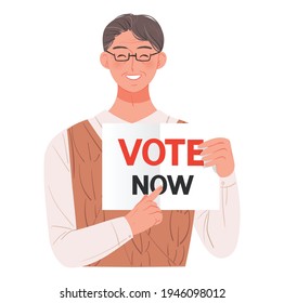 A middle-aged man holds a picket encouraging voting. Election concept personage vector illustration.