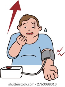 middle-aged man measuring his blood pressure at home. He is surprised by the high blood pressure reading.