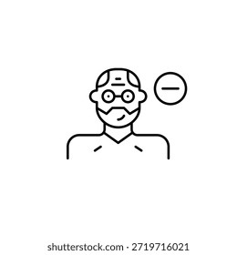 Homem de meia-idade e menos. Remover usuário, excluir avatar. Reduza o acesso ao perfil. Pixel perfeito, ícone de vetor de traçado editável
