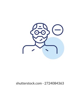 Homem de meia-idade e menos. Remover usuário, excluir avatar. Reduza o acesso ao perfil. Pixel perfeito, ícone de vetor de traçado editável