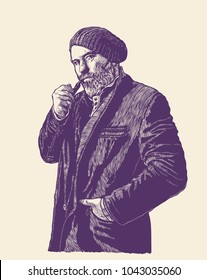 Middle-aged Man, With Moustaches, Gray Beard and Smoking Pipe. retro engraving style. vector illustration.