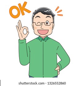 A middle-aged man represents an OK sign.