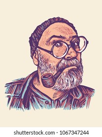 Middle-aged Man In Round Glasses With Moustache, Gray Beard and Smoking Pipe. retro engraving style. vector illustration.