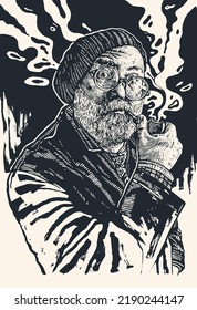 Middle-aged Man In Round Glasses With Moustaches, Gray Beard and Smoking Pipe. vector illustration.