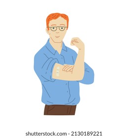 Middle-aged man shows his hand after being injected with vaccine. Covid-19 vaccination campaign character, flat cartoon vector illustration isolated on white background.