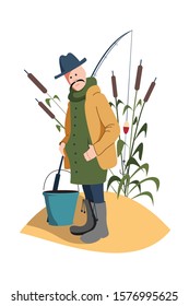 A middle-aged man in special clothes and boots for fishing stands with a bucket and fishing rod on the shore of a reservoir. Flat vector fisherman character.
