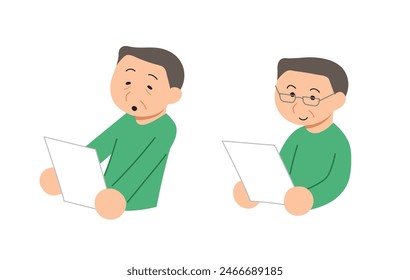 Middle-aged man is struggling to read something on a paper. Wearing reading glasses help him read the text much easier. Cartoon style clip art illustration. 