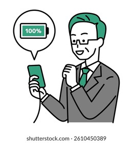 Middle-aged man in a suit charging his smartphone