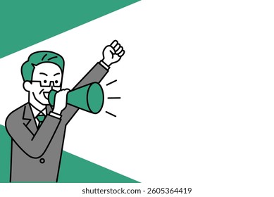 Middle-aged man in a suit cheering with a megaphone
