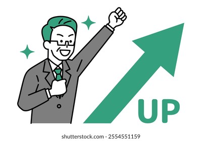 Middle-aged man in a suit is delighted with a rising arrow and a fist pump