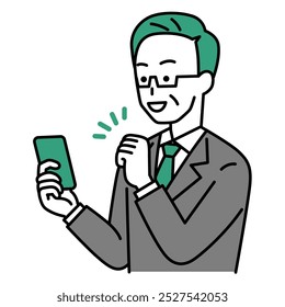 Middle-aged man in a suit doing a fist pump while looking at a smartphone screen