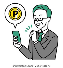 Middle-aged man in a suit earning points on his smartphone