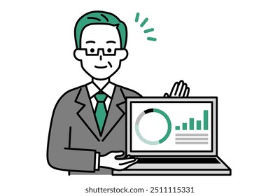 Middle-aged man in a suit giving advice on asset management on a laptop screen