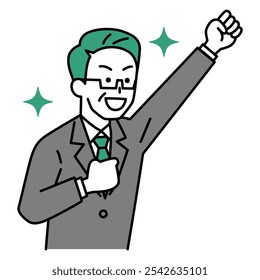 Middle-aged man in a suit is happy with a fist pump