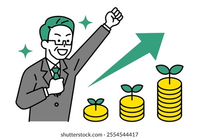 Middle-aged man in a suit is happy with his increased assets and is giving a fist pump