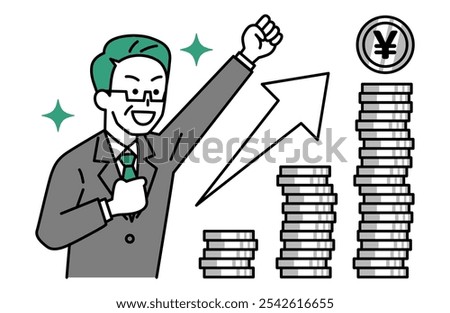 Middle-aged man in a suit is happy with his increasing assets and makes a fist pump