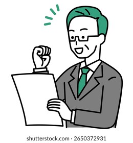Middle-aged man in a suit is happy to see a document