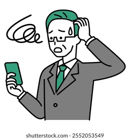 Middle-aged man in a suit having trouble operating a smartphone