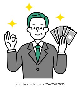 Middle-aged man in a suit holding money and making an OK sign