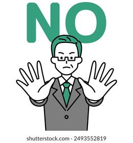 Middle-aged man in a suit holds both hands and says NO