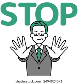 Middle-aged man in a suit holds both hands and says STOP