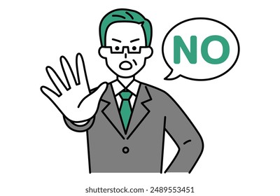 Middle-aged man in a suit holds his right hand forward to say NO