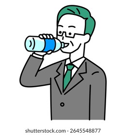 Middle-aged man in a suit hydrating with a plastic bottle of water