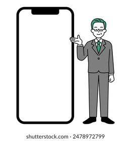 Middle-aged man in a suit and a large white screen smartphone