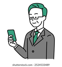 Middle-aged man in a suit looking at a smartphone in his right hand
