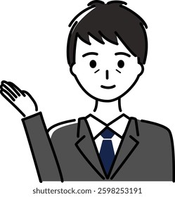 A middle-aged man in a suit pointing his hand to introduce something
