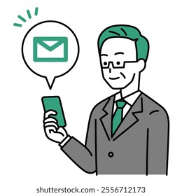 Middle-aged man in a suit receives an email on his smartphone
