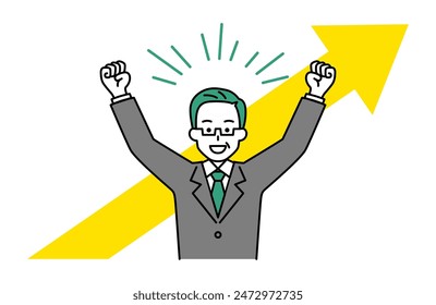 A middle-aged man in a suit rejoicing with both hands raised and an upward arrow