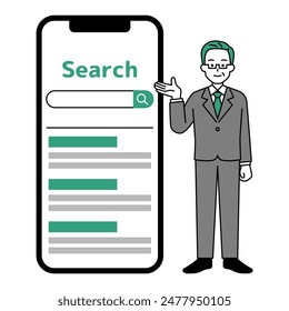 Hombre de mediana edad en un traje mostrando un smartphone Grande y buscando