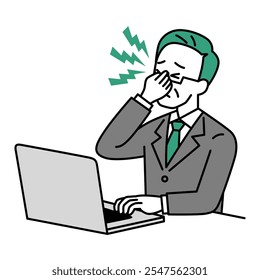 Middle-aged man in a suit suffering from eye strain while working on a laptop